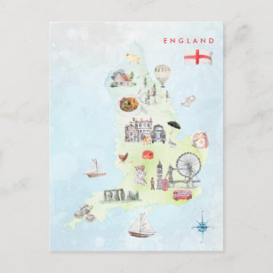 Postal Mapa ilustrado de acuarela de arte de Inglaterra