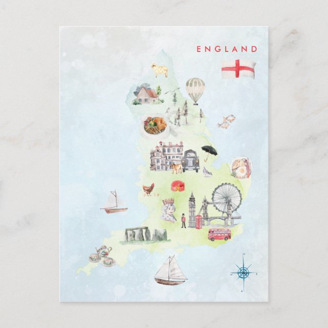 Postal Mapa ilustrado de acuarela de arte de Inglaterra (Anverso)
