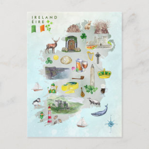 Postal Mapa ilustrado de acuarela de arte de Irlanda