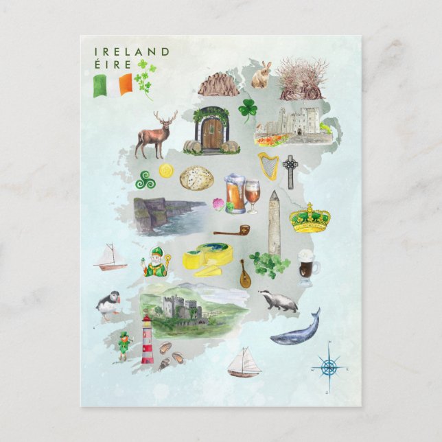 Postal Mapa ilustrado de acuarela de arte de Irlanda (Anverso)