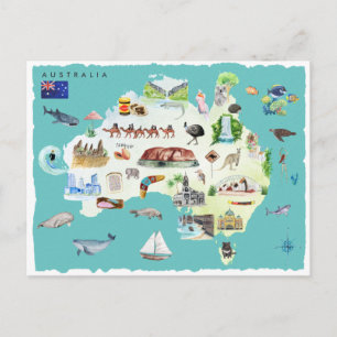 Postal Mapa ilustrado de acuarela de Australia