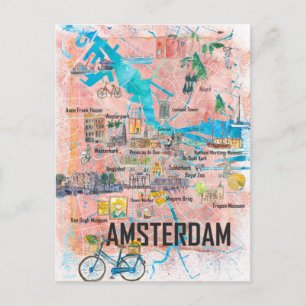 Postal Mapa ilustrado de Ámsterdam Países Bajos con carre