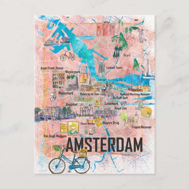 Postal Mapa ilustrado de Ámsterdam Países Bajos con carre (Anverso)