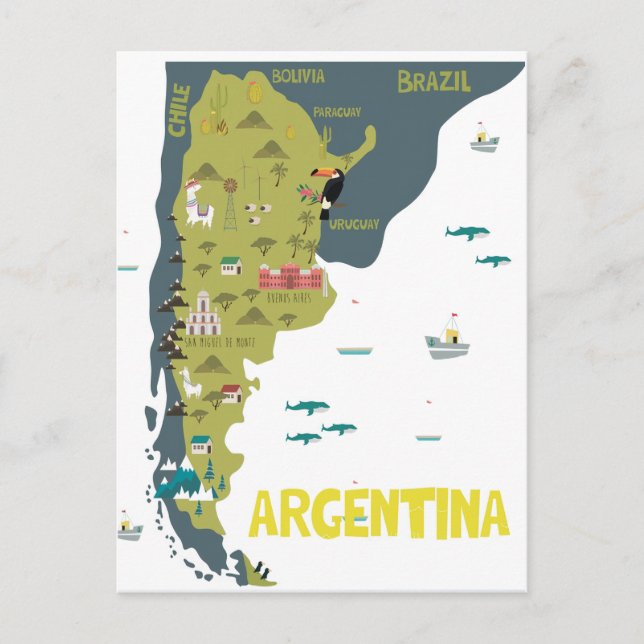 Postal Mapa ilustrado de Argentina (Anverso)