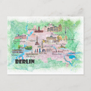 Postal Mapa ilustrado de Berlín Alemania con carreteras p