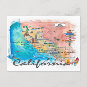 Postal Mapa ilustrado de California con aspectos más dest