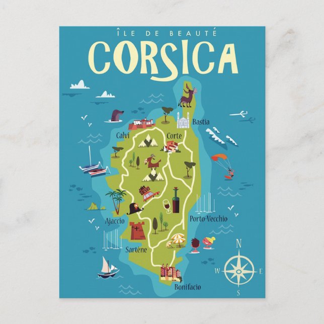 Postal Mapa ilustrado de Córcega (Anverso)