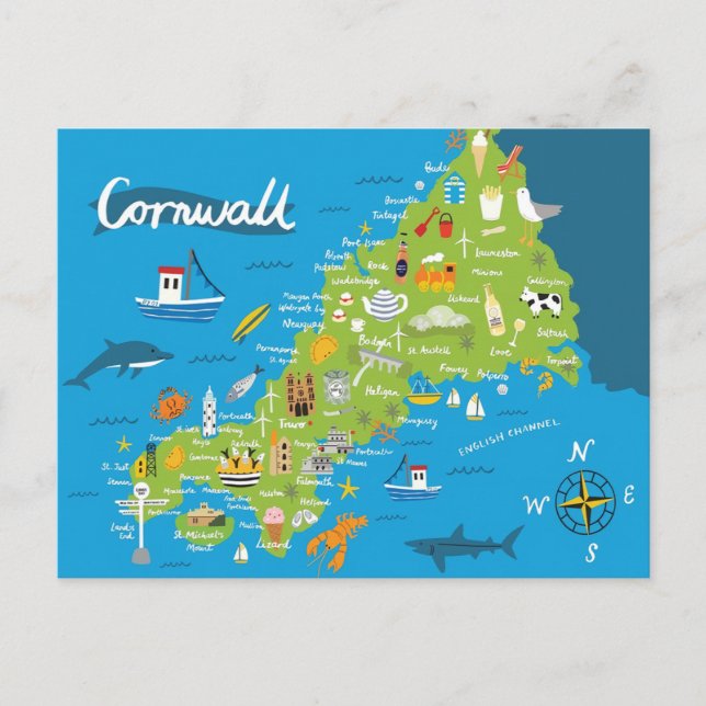 Postal Mapa ilustrado de Cornwall (Anverso)