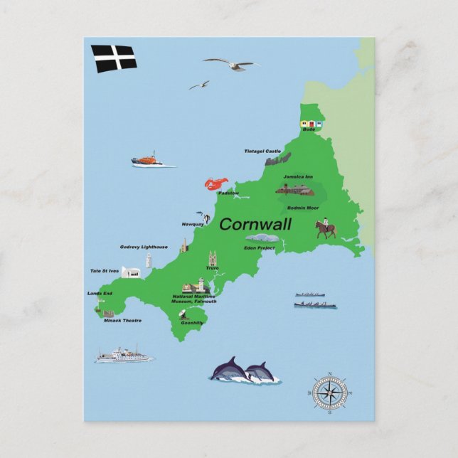 Postal Mapa ilustrado de Cornwall (Anverso)