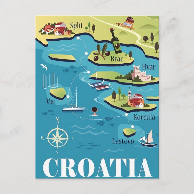 Postal Mapa ilustrado de Croacia (Anverso)