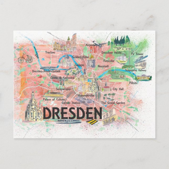 Postal Mapa ilustrado de Dresden Sajony Alemania (Anverso)
