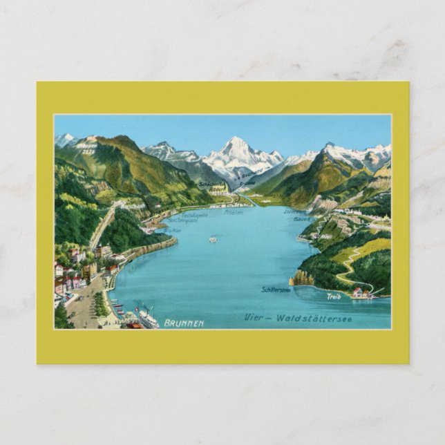 Postal Mapa ilustrado de época Lago Lucerne (Anverso)