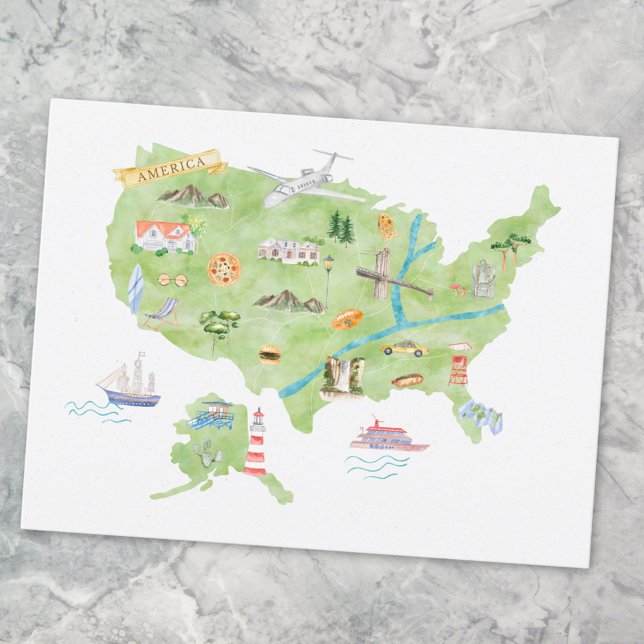 Postal Mapa Ilustrado de Estados Unidos de América (Close up)