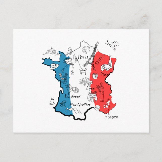 Postal Mapa ilustrado de Francia (Anverso)
