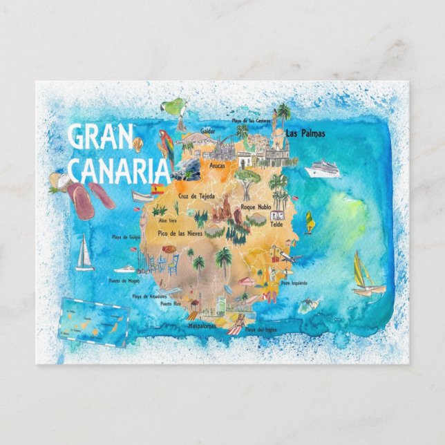 Postal Mapa ilustrado de Gran Canaria España (Anverso)