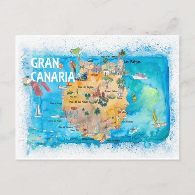 Postal Mapa ilustrado de Gran Canaria España (Anverso)