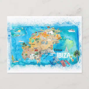 Postal Mapa ilustrado de Ibiza España con puntos de refer