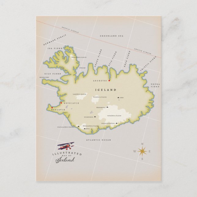 Postal Mapa ilustrado de Islandia (Anverso)