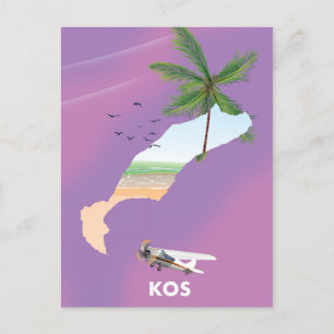Postal Mapa ilustrado de Kos Greece.