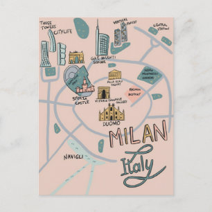 Postal Mapa ilustrado de la ciudad de Milán - Italia