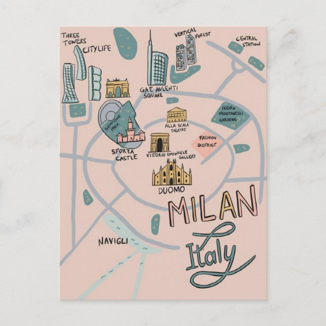 Postal Mapa ilustrado de la ciudad de Milán - Italia (Anverso)