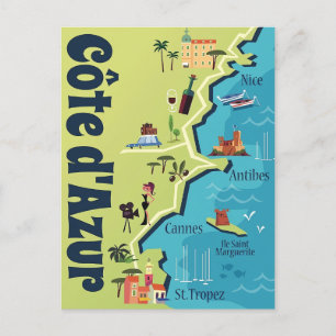 Postal Mapa ilustrado de la Costa Azul