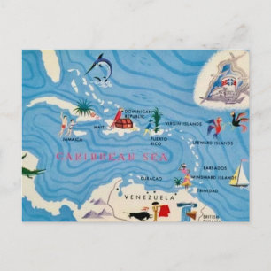 Postal Mapa ilustrado de las Islas del Caribe