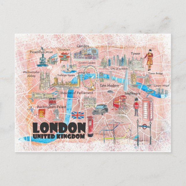Postal Mapa ilustrado de Londres UK con las principales c (Anverso)