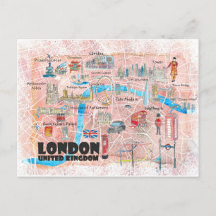 Postal Mapa ilustrado de Londres UK con las principales c