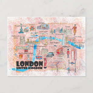 Postal Mapa ilustrado de Londres UK con las principales c