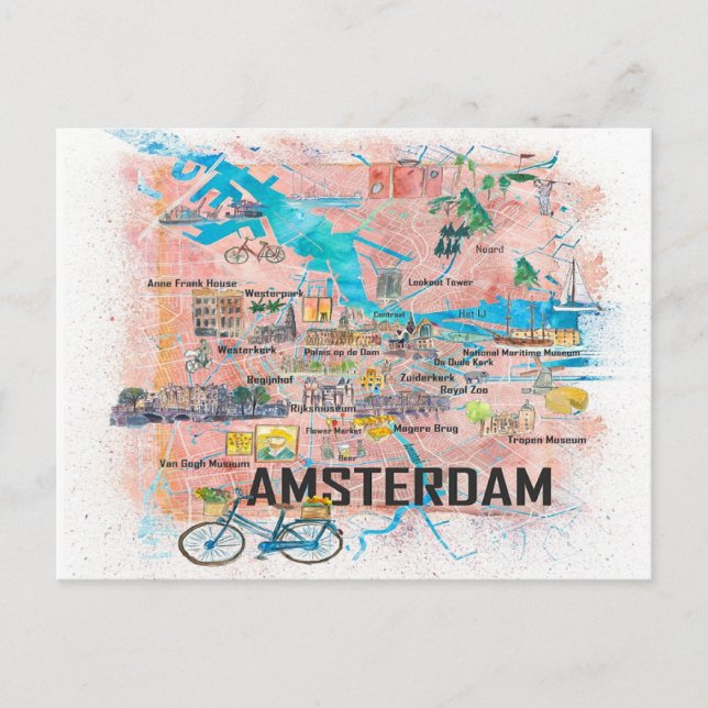Postal Mapa ilustrado de los Países Bajos de Amsterdam (Anverso)