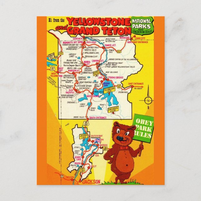 Postal Mapa Ilustrado de los Parques Yellowstone & Teton (Anverso)