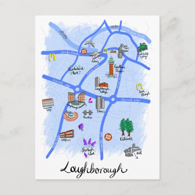 Postal Mapa ilustrado de Loughborough (Anverso)