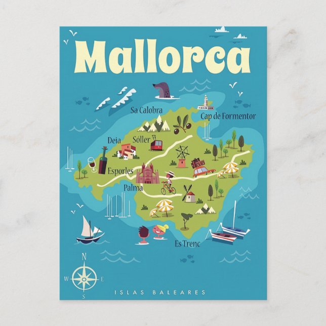 Postal Mapa ilustrado de Mallorca (Anverso)