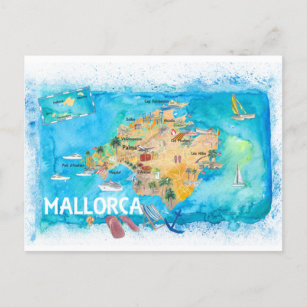 Postal Mapa ilustrado de Mallorca España con puntos de re