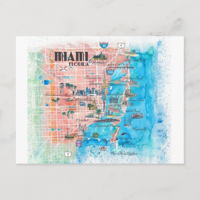 Postal Mapa ilustrado de Miami Florida (Anverso)
