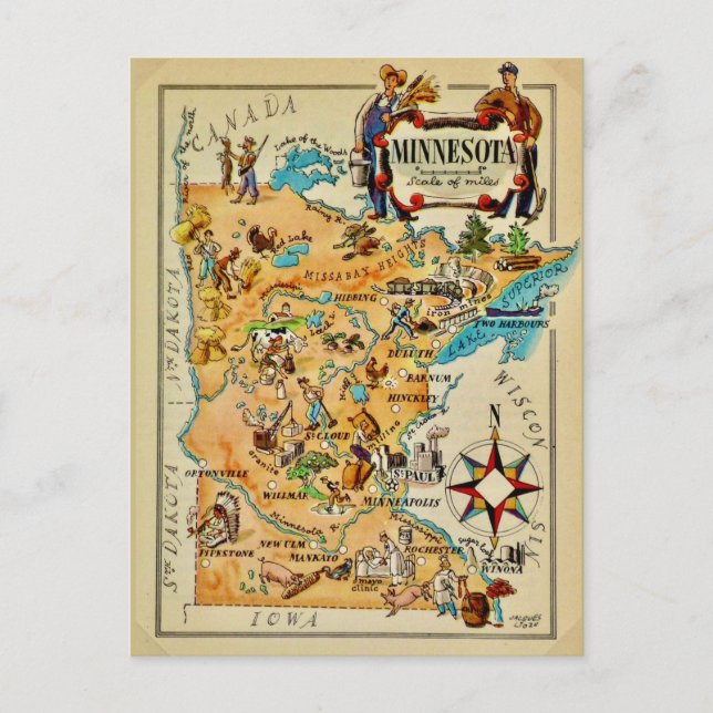 Postal Mapa ilustrado de Minnesota (Anverso)