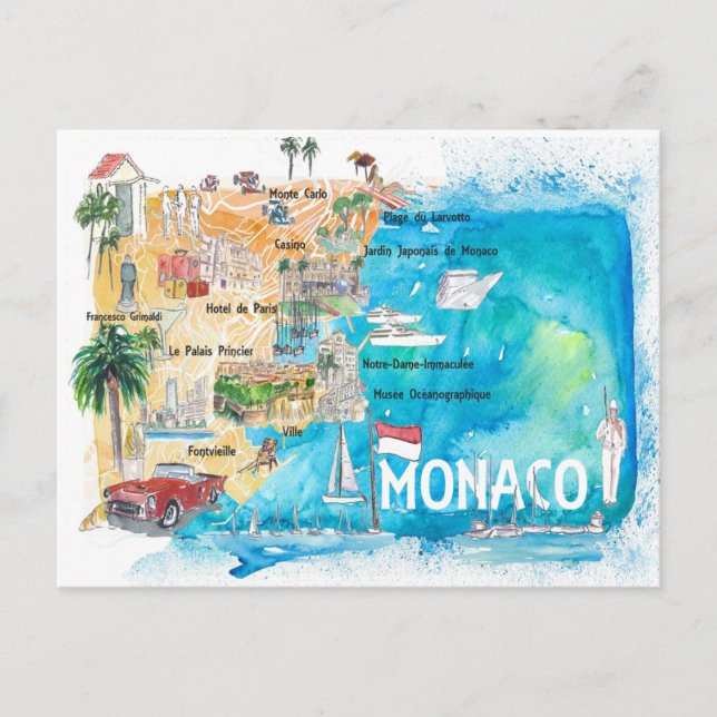 Postal Mapa ilustrado de Mónaco Monte Carlo con puntos de (Anverso)