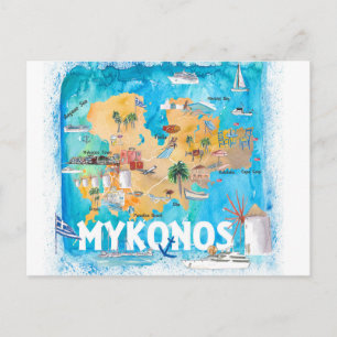 Postal Mapa ilustrado de Mykonos Grecia con puntos de ref