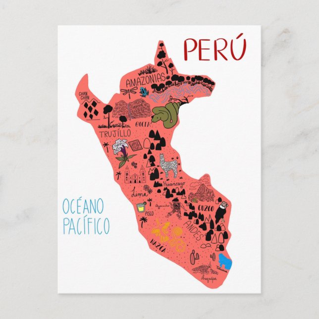 Postal Mapa ilustrado de Perú (Anverso)