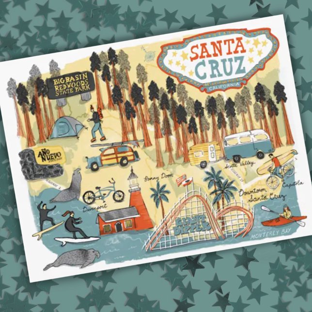 Postal Mapa ilustrado de Santa Cruz California (Subido por el creador)