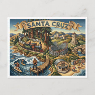 Postal Mapa Ilustrado de Santa Cruz California Muelle UCS
