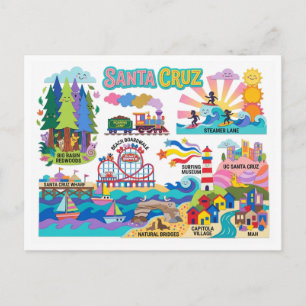 Postal Mapa ilustrado de Santa Cruz Paseo marítimo Playa