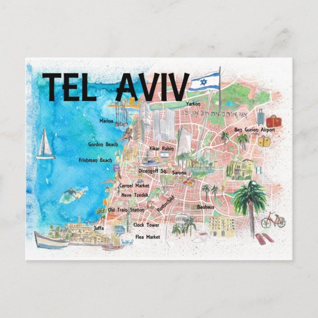 Postal Mapa ilustrado de Tel Aviv Israel con carreteras (Anverso)