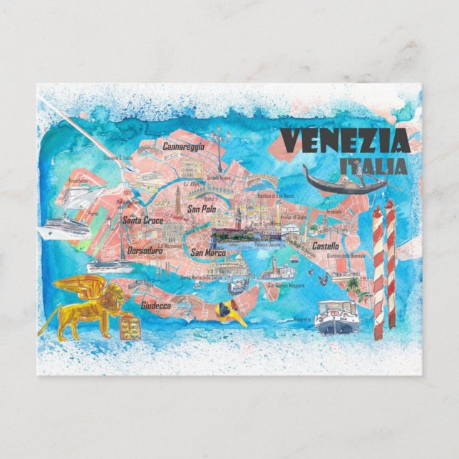 Postal Mapa ilustrado de Venecia Italia (Anverso)