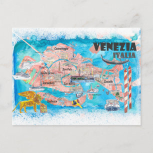 Postal Mapa ilustrado de Venecia Italia con los principal