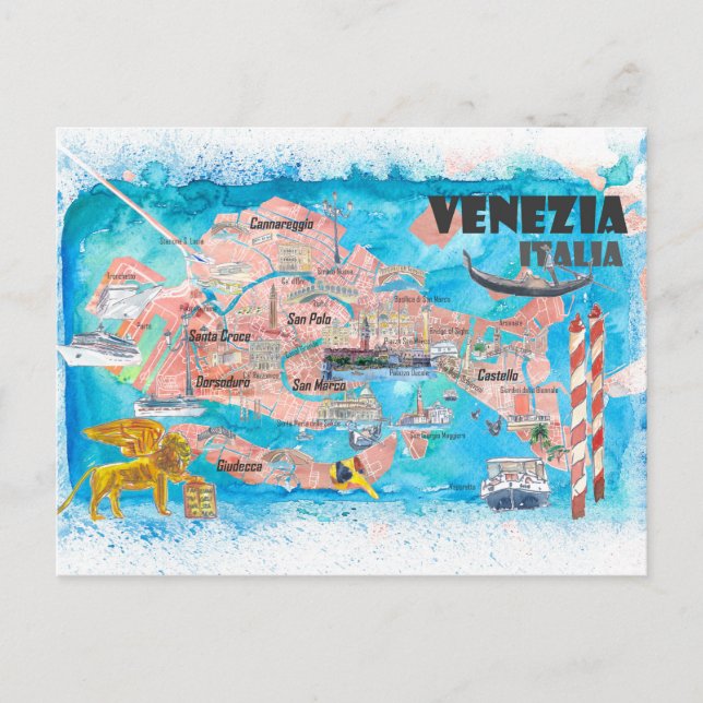 Postal Mapa ilustrado de Venecia Italia con los principal (Anverso)
