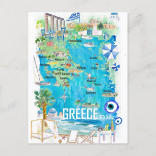Postal Mapa ilustrado de viaje de Grecia en el Mediterrán
