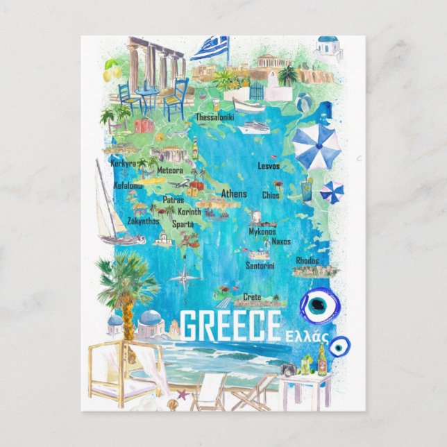 Postal Mapa ilustrado de viaje de Grecia en el Mediterrán (Anverso)