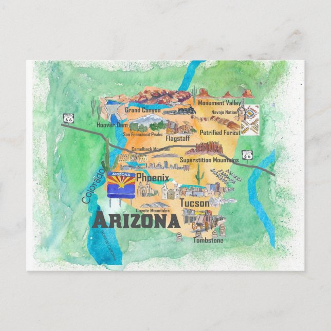 Postal Mapa ilustrado de viaje del estado de Arizona EE.  (Anverso)